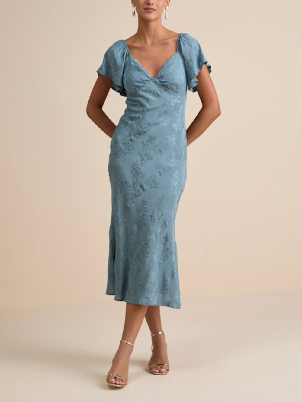 Lulus Effervescent Afternoon Slate Satin Flutter Sleeve Midi Dress Blue - Size S